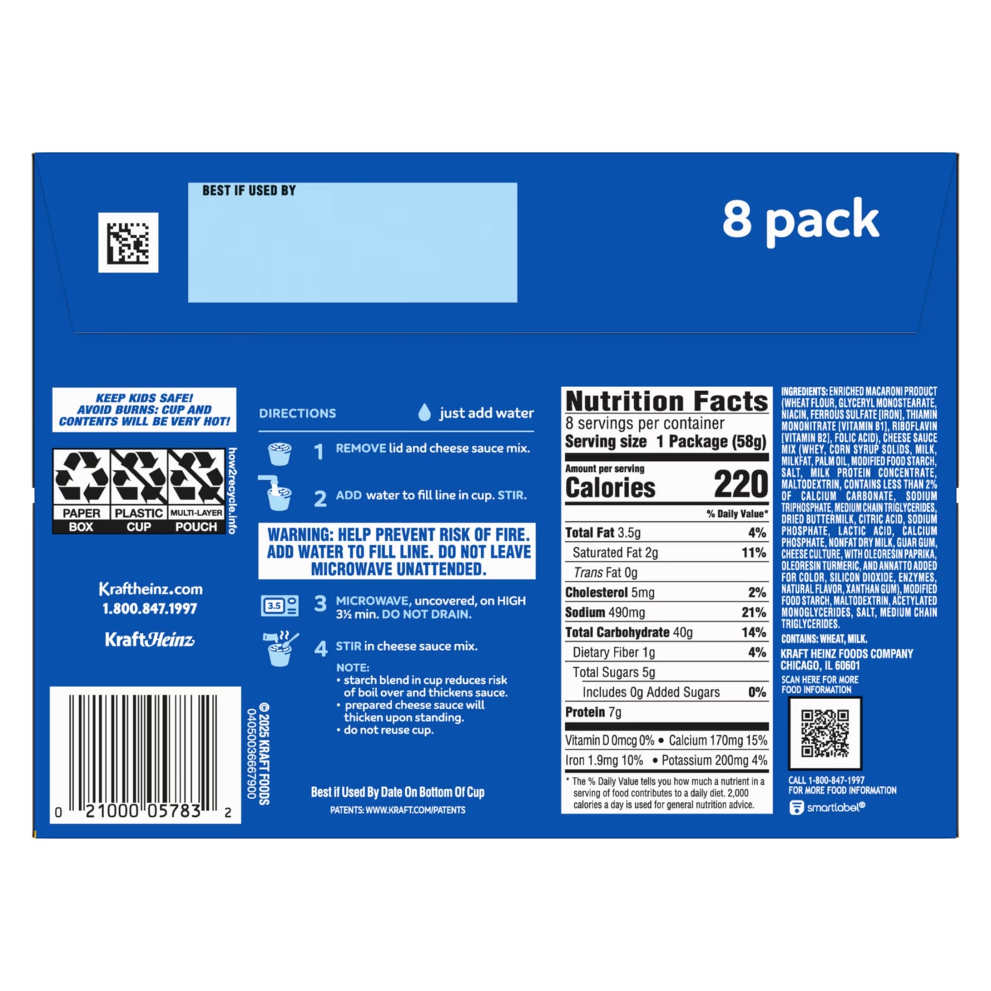 Kraft Mac and Cheese, 8 Cups, for Easy Dinner or Dinner Sides, Original Flavor, No Artificial Flavors, Preservatives or Dyes, 2.05 oz