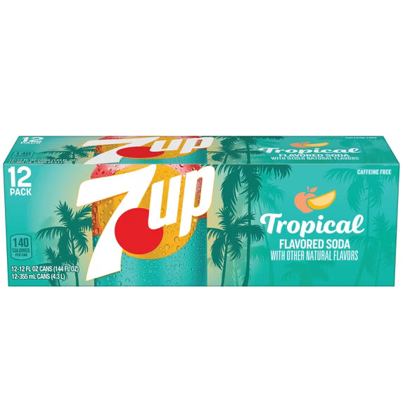 7UP Tropical Caffeine Free Lemon Lime Mango Peach Soda Pop, 12 fl oz, 12 Pack Cans( pack of 2)