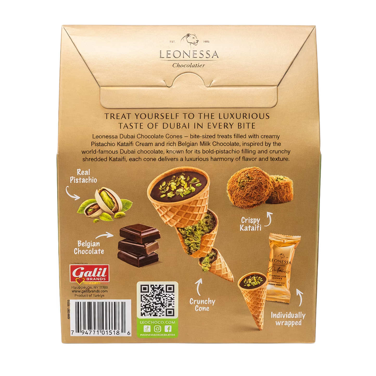 Leonessa Chocolatier Dubai Chocolate Cones, Milk Chocolate with Crispy Kataifi & Pistachio Kunafa Cream, Made with Belgian Chocolate, 4.7 oz Gable Box, 10 Count