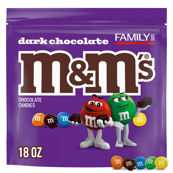 M&M'S 50% Cacao Dark Chocolate Candy, Family Size Resealable Bag - 18 oz( pack of 2)