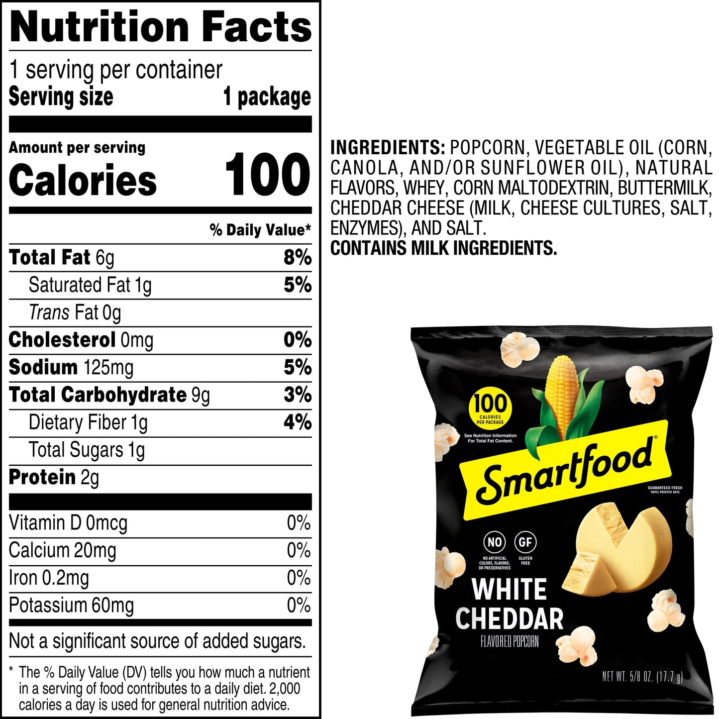 Smartfood Gluten Free, No Artificial Colors White Cheddar Popcorn Bag, 0.625 oz (40 pack)