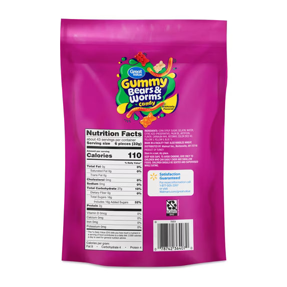 Great Value Gummy Bears & Worms Chewy Candy, 48 oz( pack of 2)