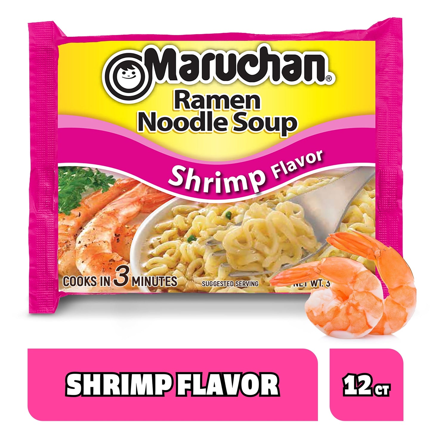 (24 pack) Maruchan Ramen Noodle Soup, Shrimp Flavor Instant Noodles, 3 oz, Pack of 12