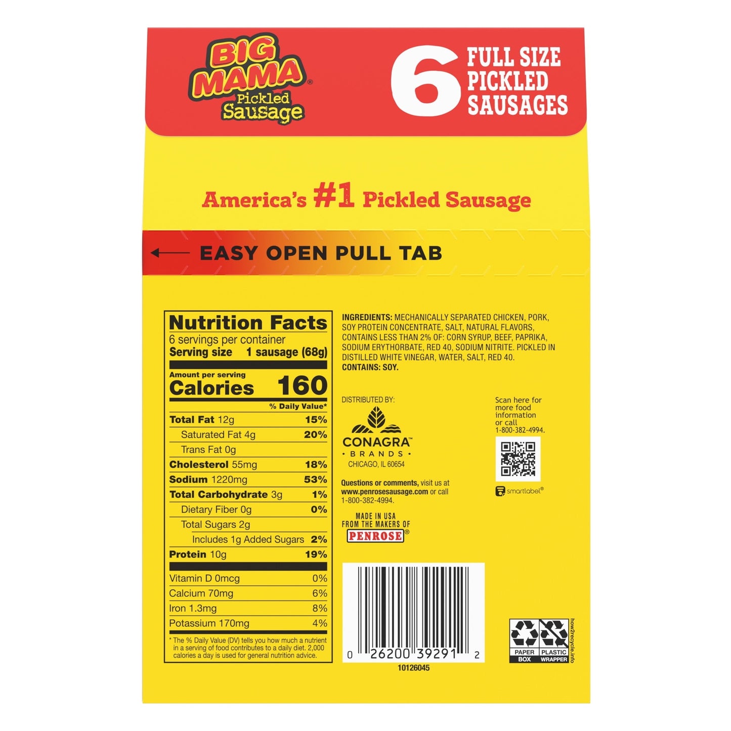 Penrose Big Mama Pickled Sausage, 10g Protein per Sausage, 2.4 oz., 6-Count