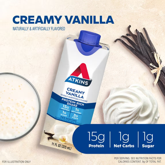 (3 pack) Atkins Protein Shake, Creamy Vanilla, Keto Friendly, Gluten Free, 4 Ct