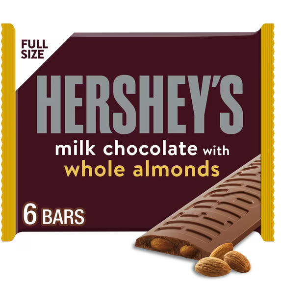 (3 pack) Hershey's Milk Chocolate with Whole Almonds Candy, Bars 1.45 oz, 6 Count