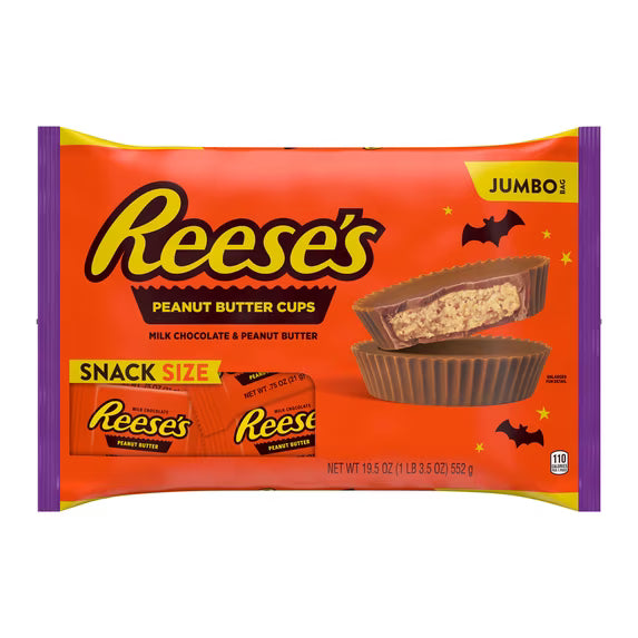 (2 pack) Reese's Milk Chocolate Snack Size Peanut Butter Cups, Halloween Candy Jumbo Bag, 19.5 oz