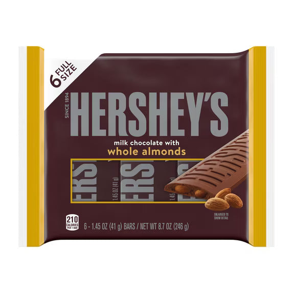 (3 pack) Hershey's Milk Chocolate with Whole Almonds Candy, Bars 1.45 oz, 6 Count