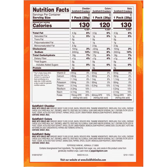 Goldfish Family Faves Crackers, Cheddar, Colors and Baby Crackers Snack Pack, 0.9 oz, 20-Count Variety Pack Box( 2 pack)