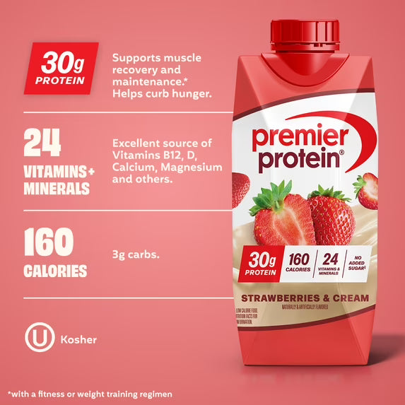 ( 2 pack)Premier Protein Shake, Strawberries & Cream, 30g Protein, 11 fl oz, 4 Ct