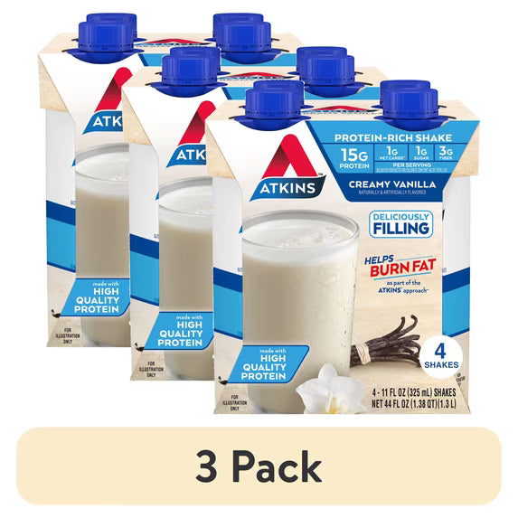 (3 pack) Atkins Protein Shake, Creamy Vanilla, Keto Friendly, Gluten Free, 4 Ct
