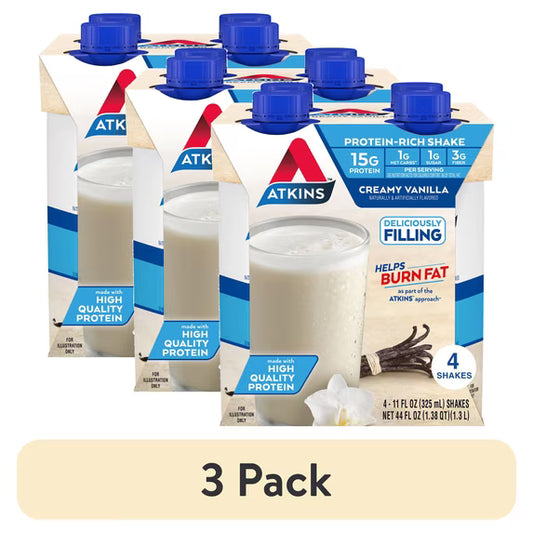 (3 pack) Atkins Protein Shake, Creamy Vanilla, Keto Friendly, Gluten Free, 4 Ct