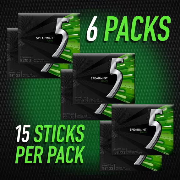 5 Gum Spearmint Rain Sugar Free Chewing Gum - 15 Ct (6 pack)