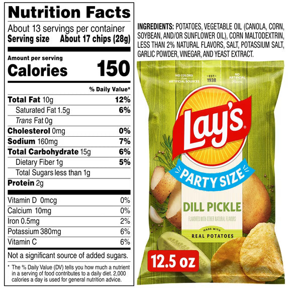 ( pack of 4)Lay's Dill Pickle Flavored Potato Chips, Party Size, 12.5 oz Bag