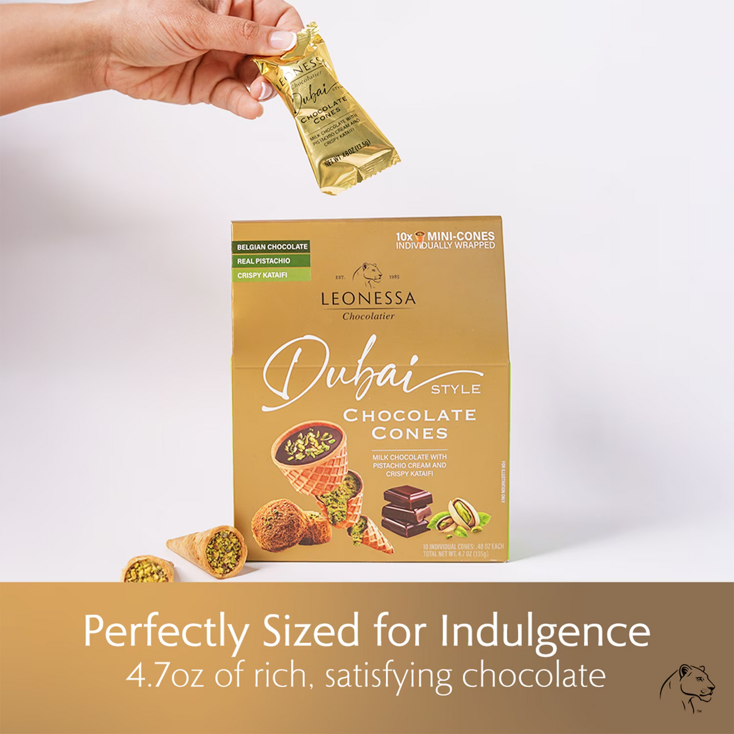 Leonessa Chocolatier Dubai Chocolate Cones, Milk Chocolate with Crispy Kataifi & Pistachio Kunafa Cream, Made with Belgian Chocolate, 4.7 oz Gable Box, 10 Count