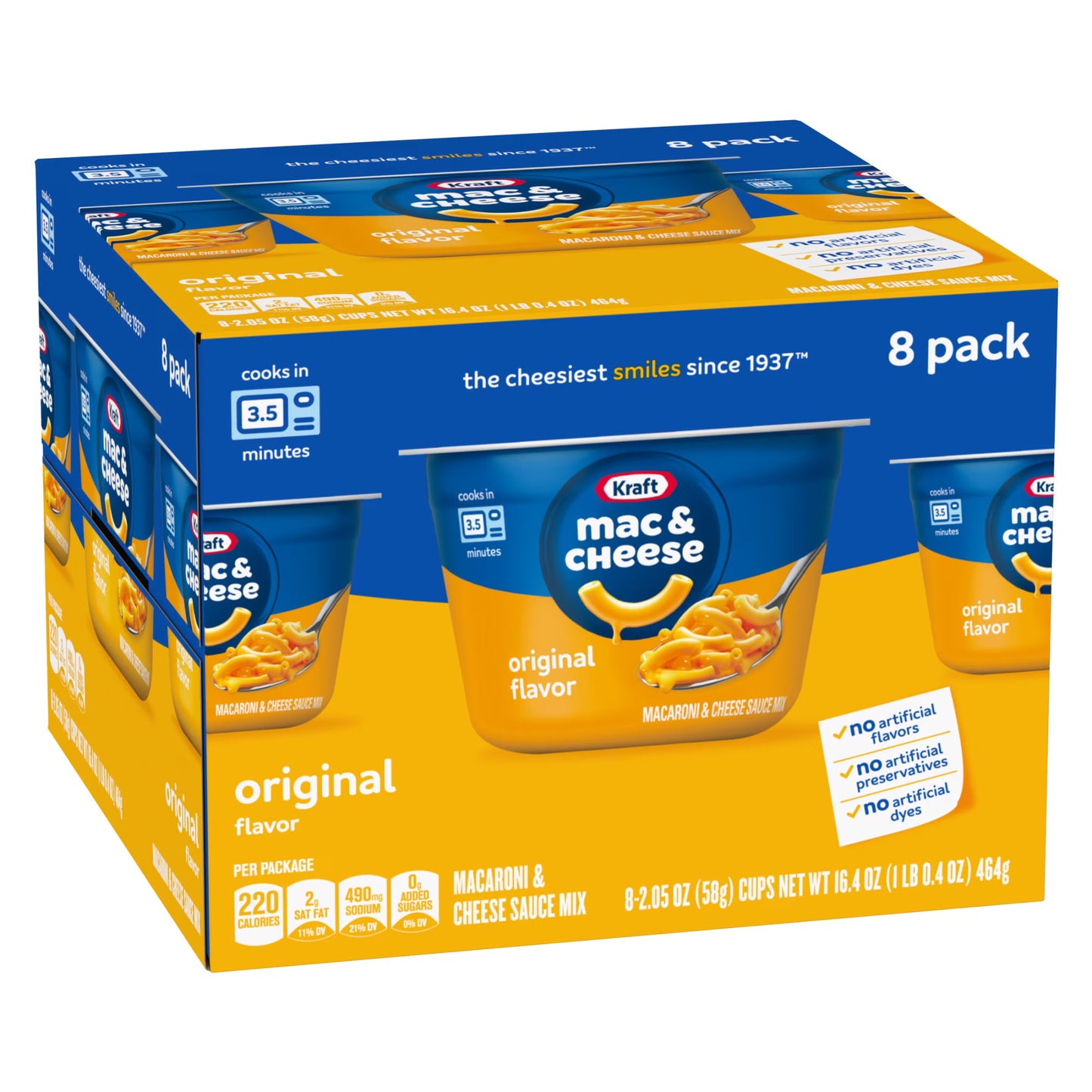 Kraft Mac and Cheese, 8 Cups, for Easy Dinner or Dinner Sides, Original Flavor, No Artificial Flavors, Preservatives or Dyes, 2.05 oz