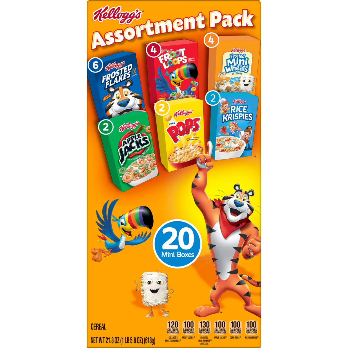 Kellogg's Assortment Pack Variety Pack Breakfast Cereal Box, 21.8 oz, 20 Count