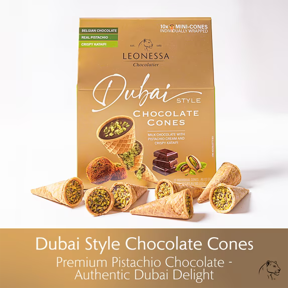 Leonessa Chocolatier Dubai Chocolate Cones, Milk Chocolate with Crispy Kataifi & Pistachio Kunafa Cream, Made with Belgian Chocolate, 4.7 oz Gable Box, 10 Count ( pack of 2)