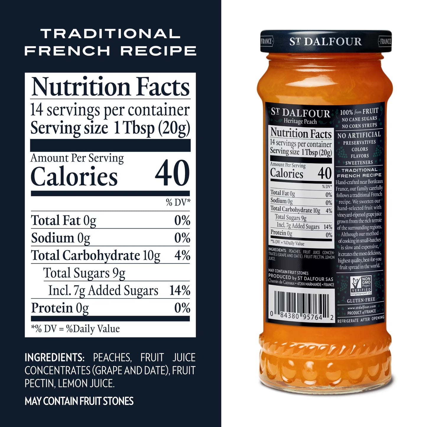 St Dalfour Heritage Peach Fruit Spread, 100% from Fruit, Vegan & Gluten Free, 10 oz Jar