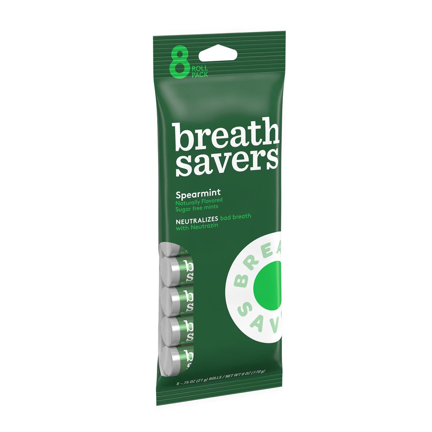 (3 pack) Breath Savers Spearmint Flavored Sugar Free Breath Mints, Rolls 0.75 oz, 8 Count
