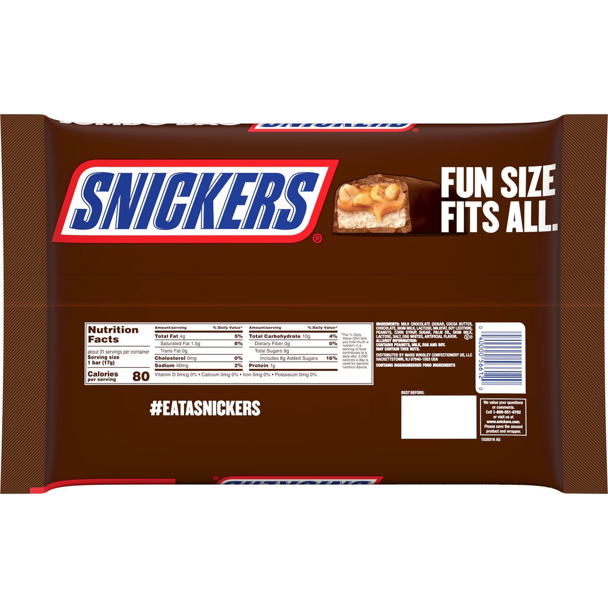 ( pack of 2)Snickers Fun Size Chocolate Bars, 18.71 oz Jumbo Candy Bag