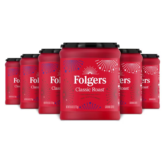 (6 pack) Folgers Classic Roast Medium Roast Ground Coffee, Limited Edition Canister for America’s 250th Anniversary, 9.6 oz