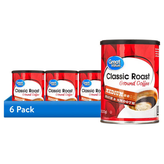 (6 pack) Great Value Classic Roast Ground Naturally Caffeinated Coffee, 9.6 oz Canister