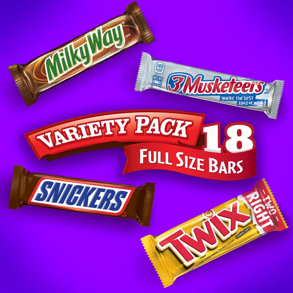 SNICKERS, TWIX, 3 MUSKETEERS, MILKY WAY Full Size Back to School Chocolate Bar Variety Pack, 18 ct Bulk Candy Box