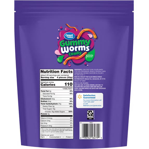 Great Value Gummy Worms Chewy Candy, 48 oz Bag(2 pack)