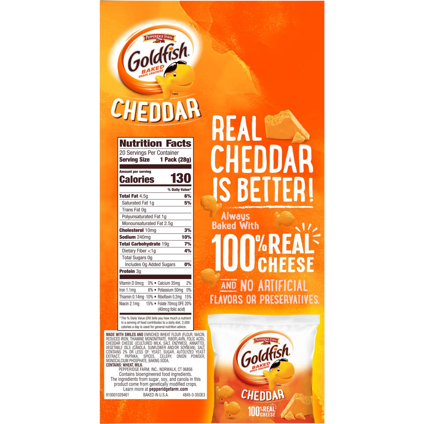 Goldfish Cheddar Cheese Crackers, Baked Snack Crackers, 1 oz on-The-Go Snack Packs, 20 Count Box