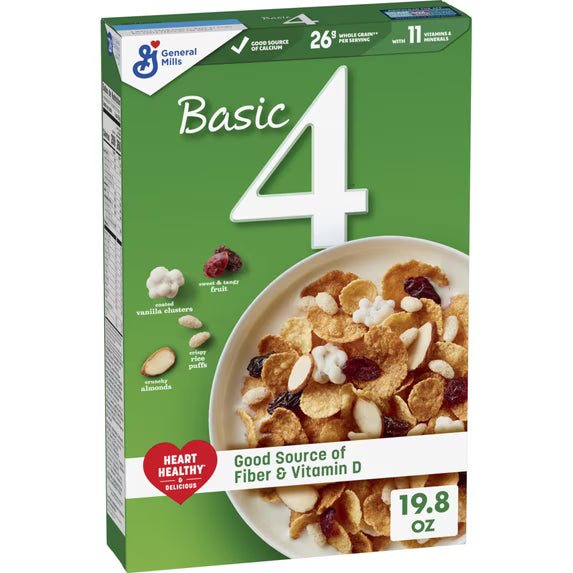 (6 pack) Basic 4 Heart Healthy Cereal, Fruit and Nut Fiber Cereal with Whole Grain, 19.8 oz