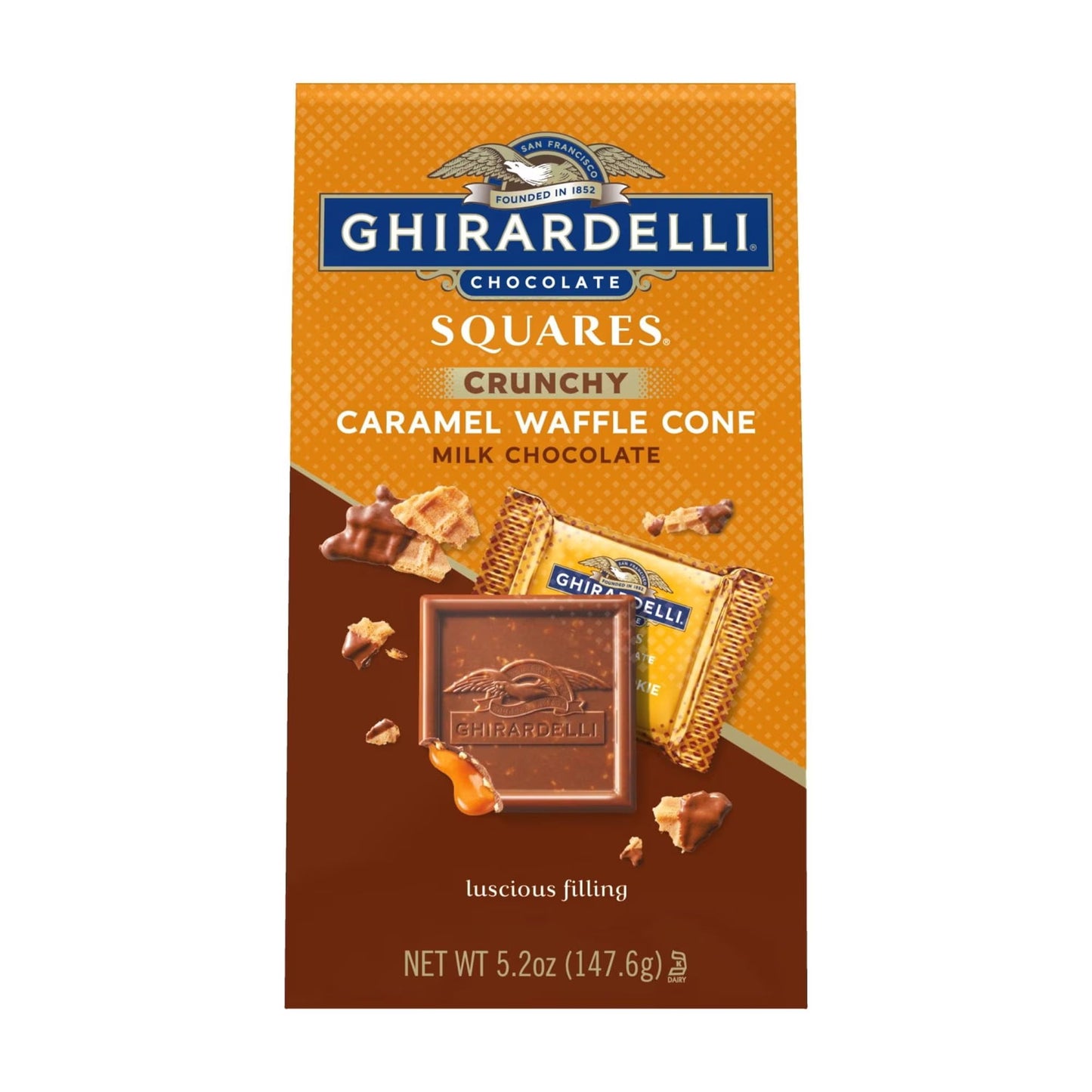 GHIRARDELLI Milk Chocolate Candy SQUARES with Caramel Waffle Cone Filling, 5.2 oz Bag