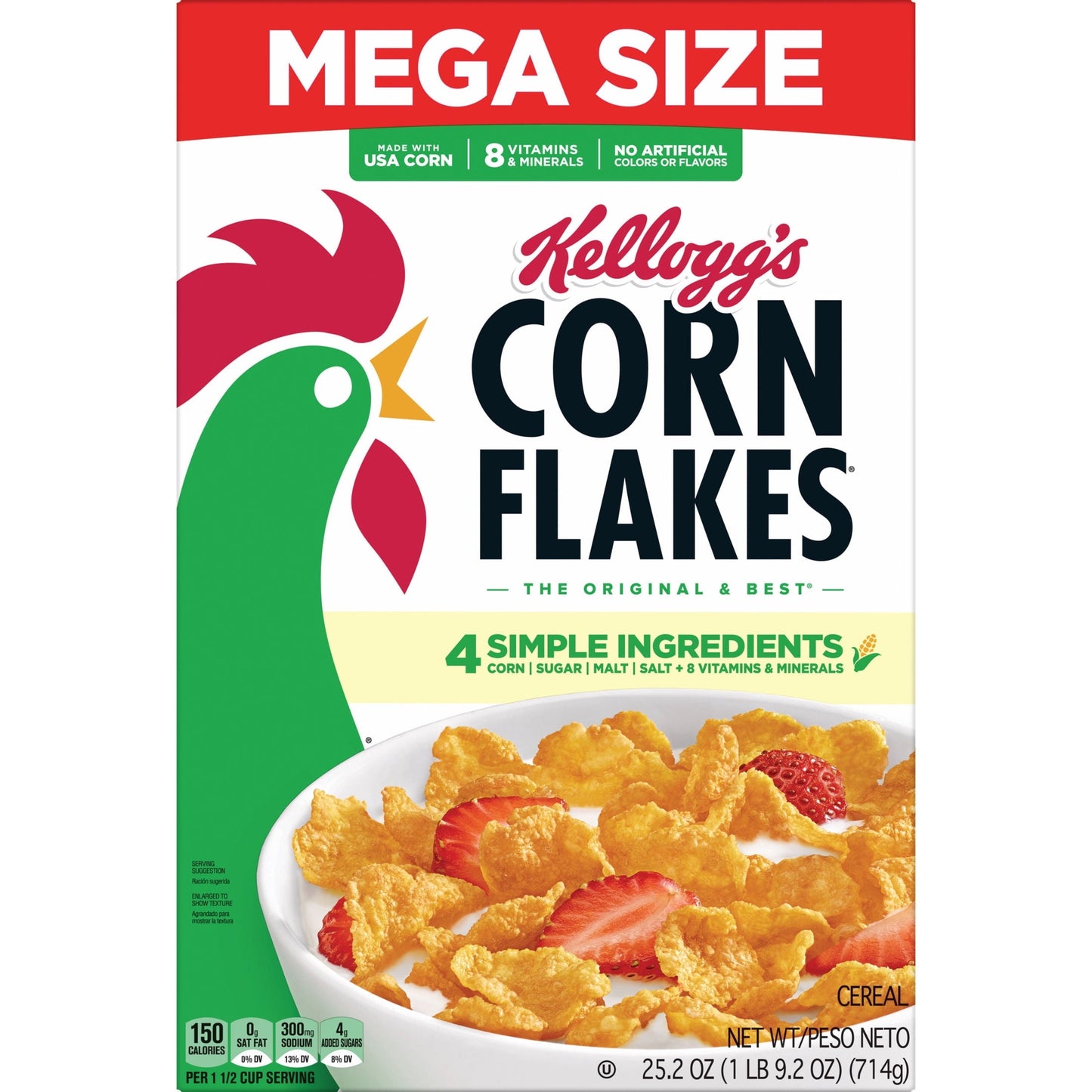 Kellogg's Corn Flakes Original Breakfast Cereal, 8 Vitamins and Minerals, Mega Size, 25.2 oz