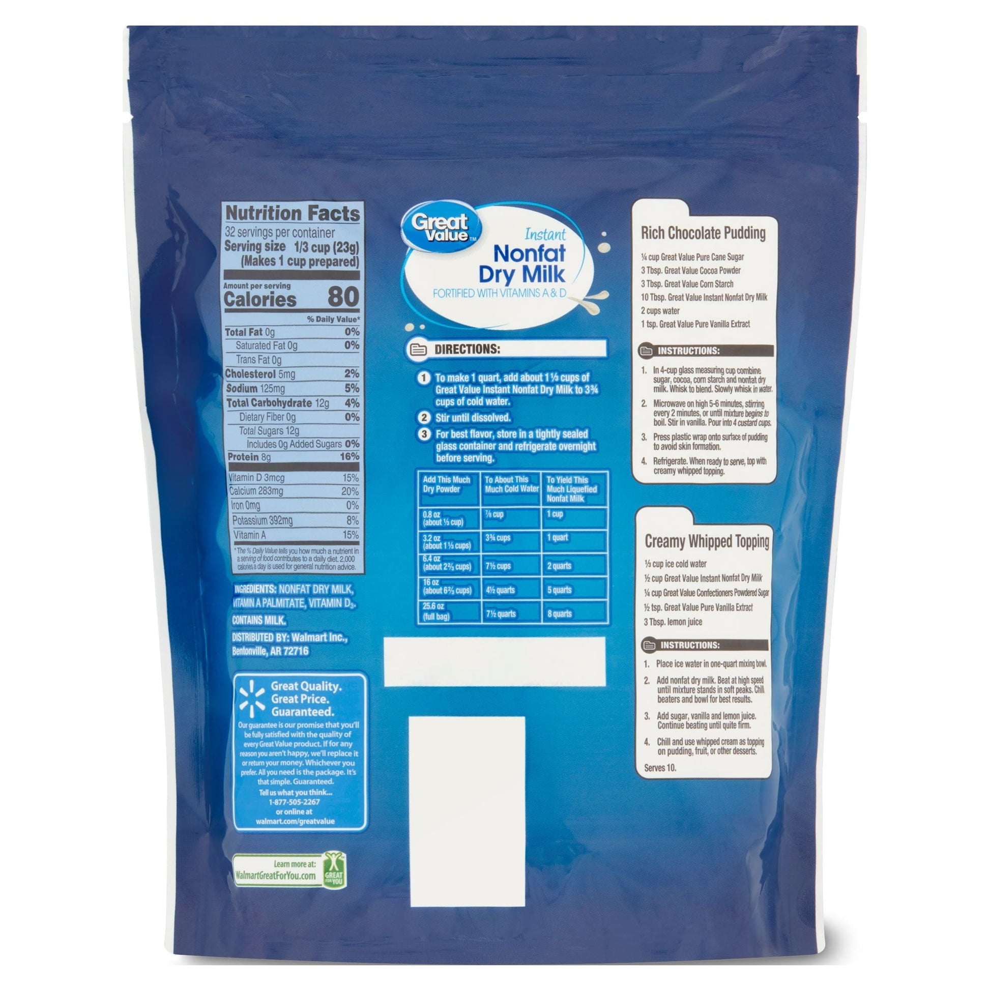 Great Value Instant Nonfat Dry Milk, 25.6 oz Bag, Makes 8 Quarts