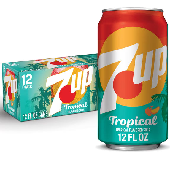 7UP Tropical Caffeine Free Lemon Lime Mango Peach Soda Pop, 12 fl oz, 12 Pack Cans( pack of 2)