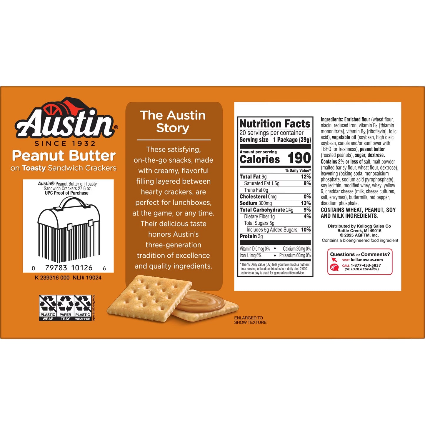 Austin Peanut Butter On Toasty Sandwich Crackers, Lunch Snacks, 20 Count