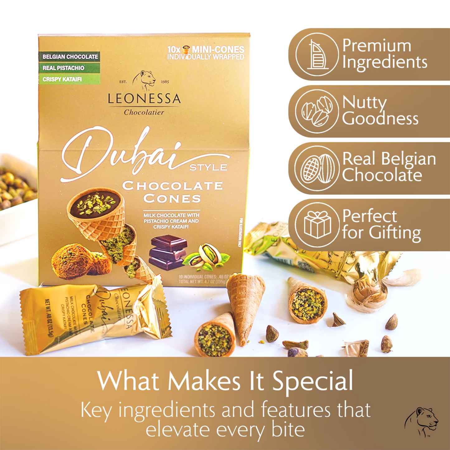 Leonessa Chocolatier Dubai Chocolate Cones, Milk Chocolate with Crispy Kataifi & Pistachio Kunafa Cream, Made with Belgian Chocolate, 4.7 oz Gable Box, 10 Count
