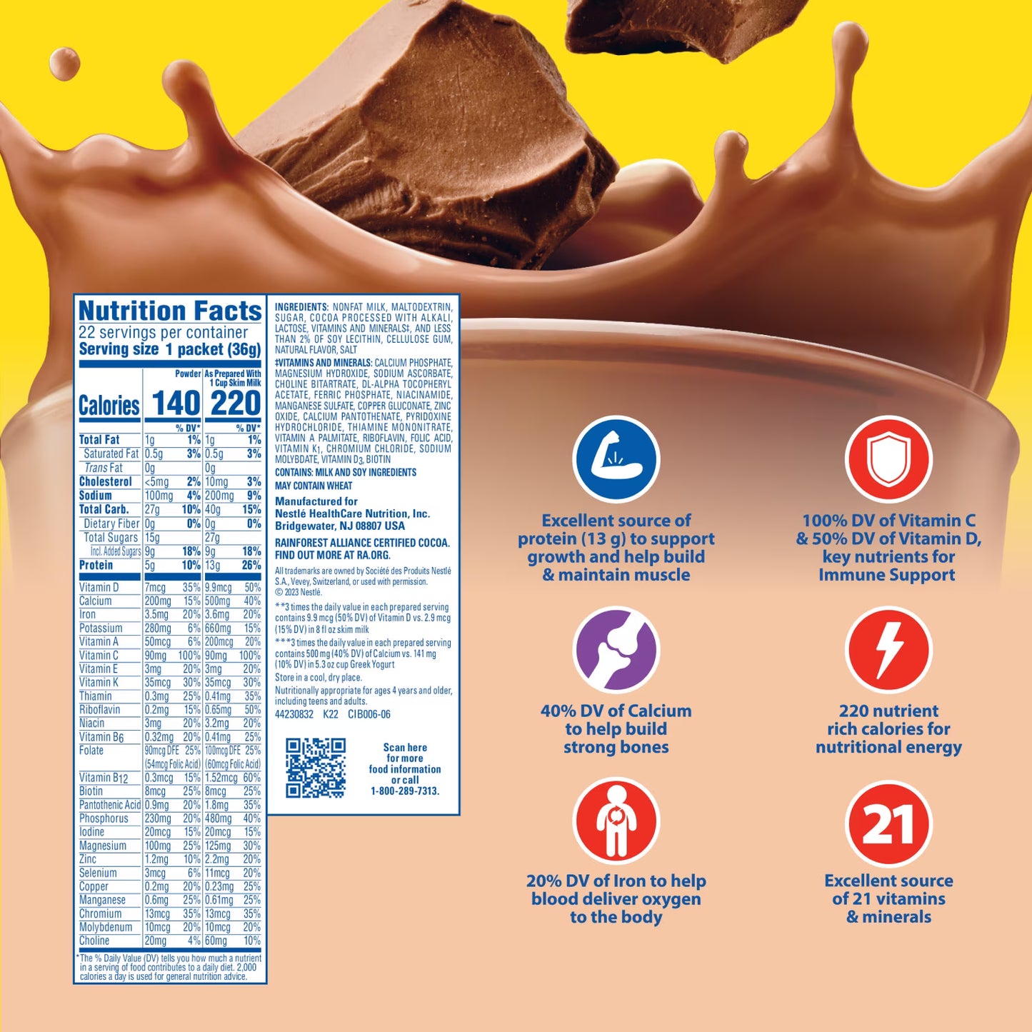 Carnation Breakfast Essentials Powder Protein Nutritional Shake Drink Mix Packets, Rich Milk Chocolate Breakfast Shake, 22 Count