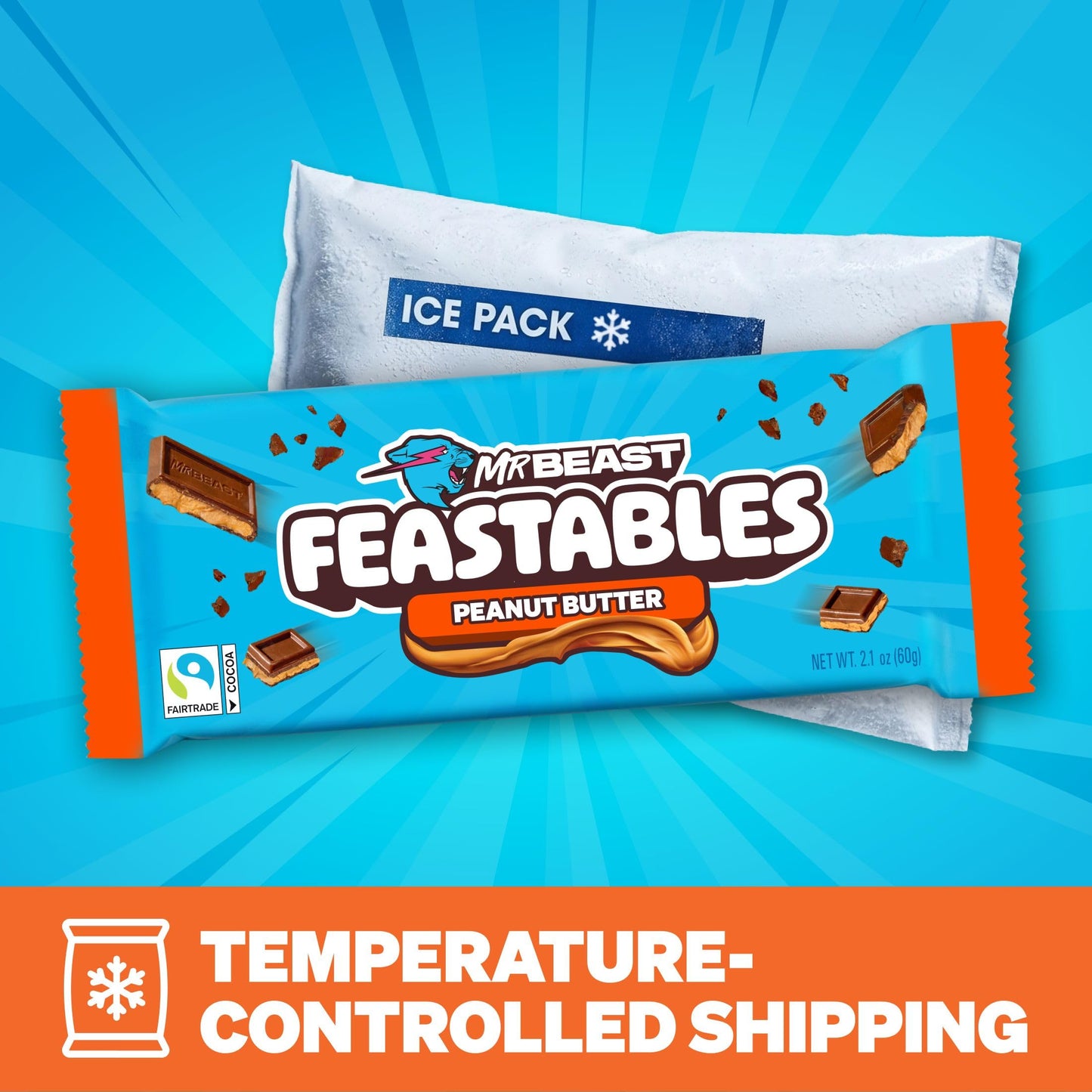 MrBeast Feastables Peanut Butter Milk Chocolate Bar, King Size, 10 Count