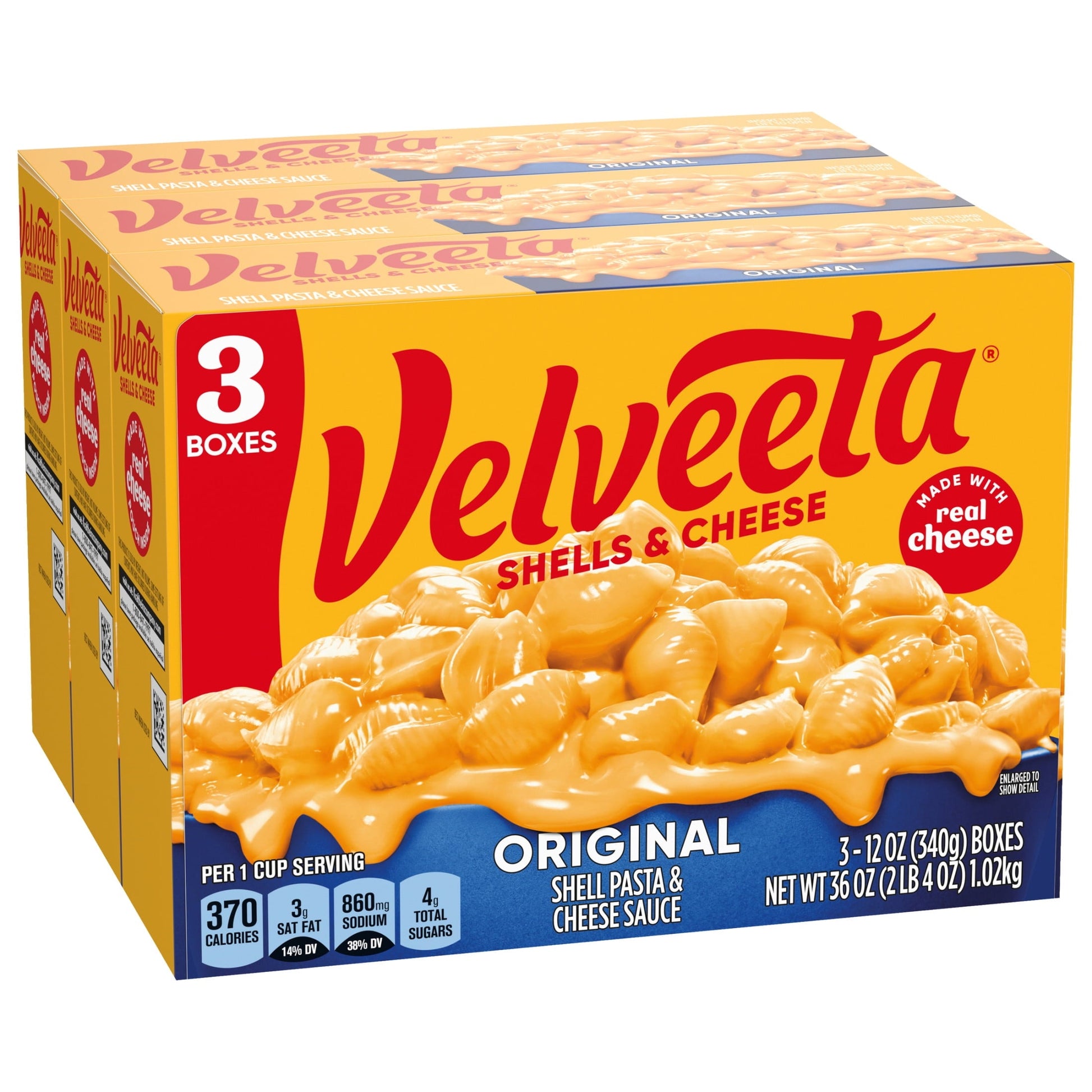 Velveeta Shells and Cheese Mac and Cheese, 3 Boxes, for Easy Dinner or Dinner Sides, Original Flavor, Made with Real Cheese, 12 oz