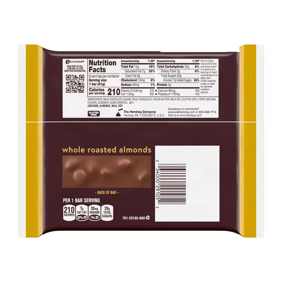 (3 pack) Hershey's Milk Chocolate with Whole Almonds Candy, Bars 1.45 oz, 6 Count
