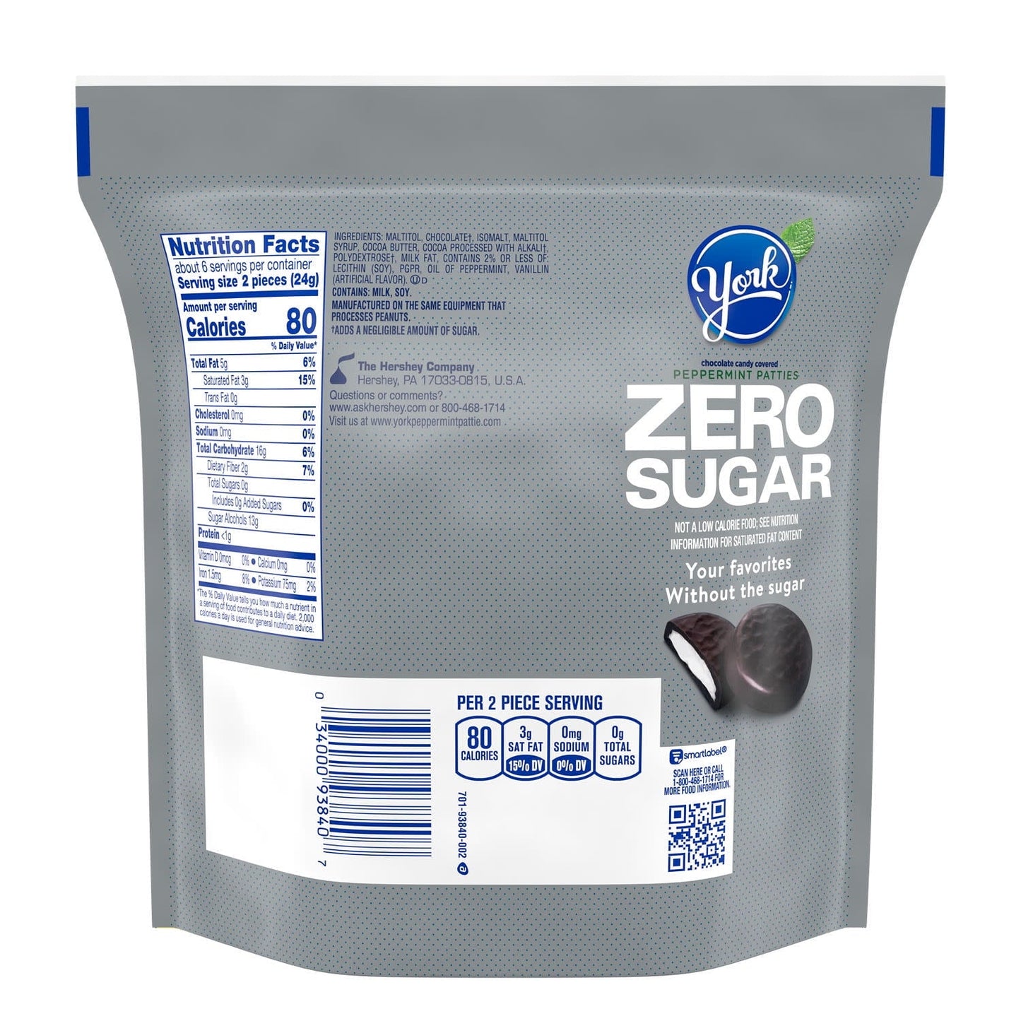 York Zero Sugar Chocolate Peppermint Patties, Candy Bag, 5.1 oz