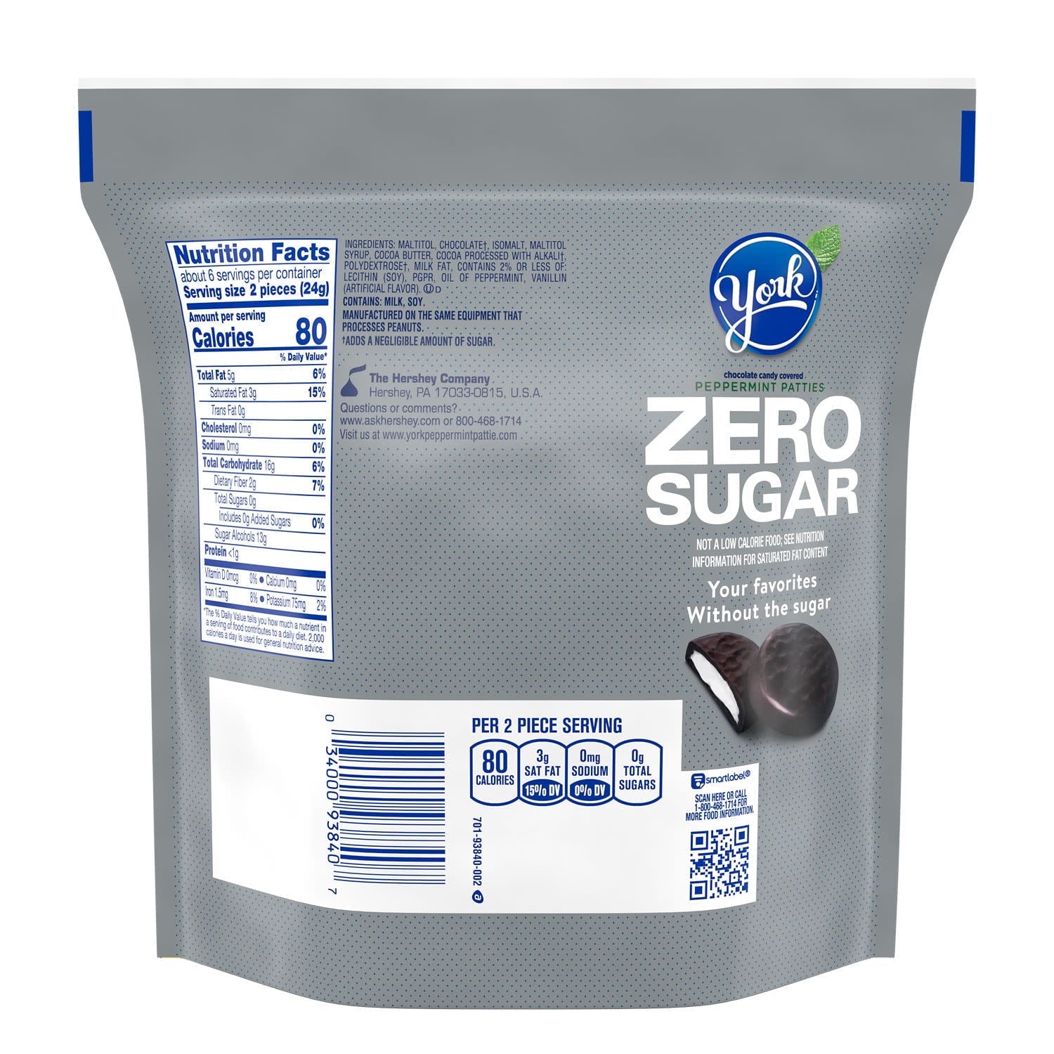 York Zero Sugar Chocolate Peppermint Patties, Candy Bag, 5.1 oz