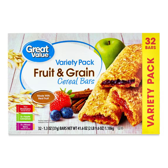 (4 pack) Great Value Fruit & Grain Cereal Bars, Variety Pack, 1.3 oz, 32 Count