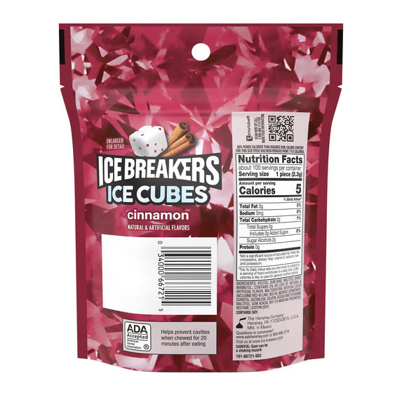 (pack of 2)Ice Breakers Ice Cubes Cinnamon Sugar Free Chewing Gum, Pouch 8.11 oz, 100 Pieces