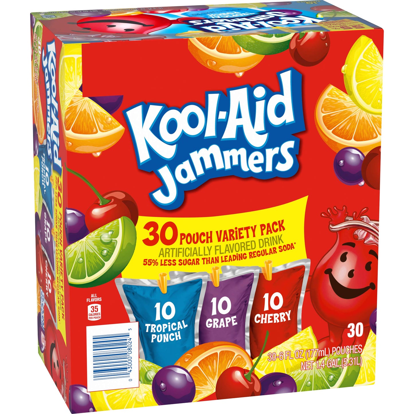 Kool-Aid Jammers Tropical Punch, Grape & Cherry Flavored 0% Juice Drink Variety Pack, 30 ct Box, 6 fl oz Pouches (Pack of 6)