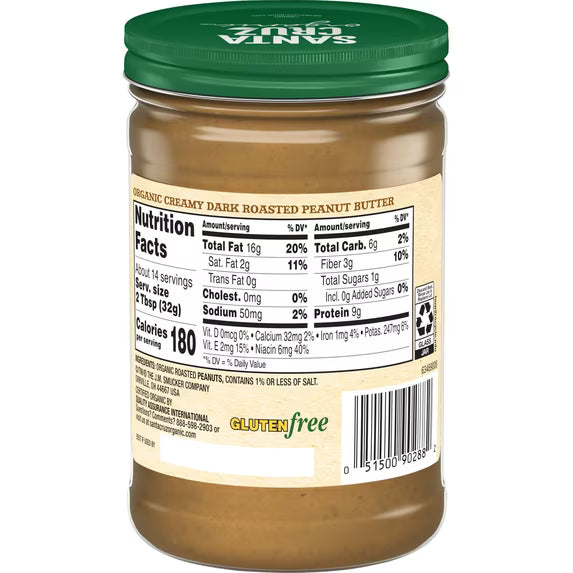 (12 pack) Santa Cruz Organic Creamy Dark Roasted Peanut Butter, 16 Ounces