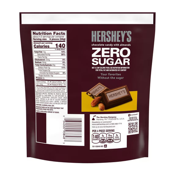 (pack of 3)Hershey's Zero Sugar Chocolate with Almonds Candy, Bag 5.1 oz