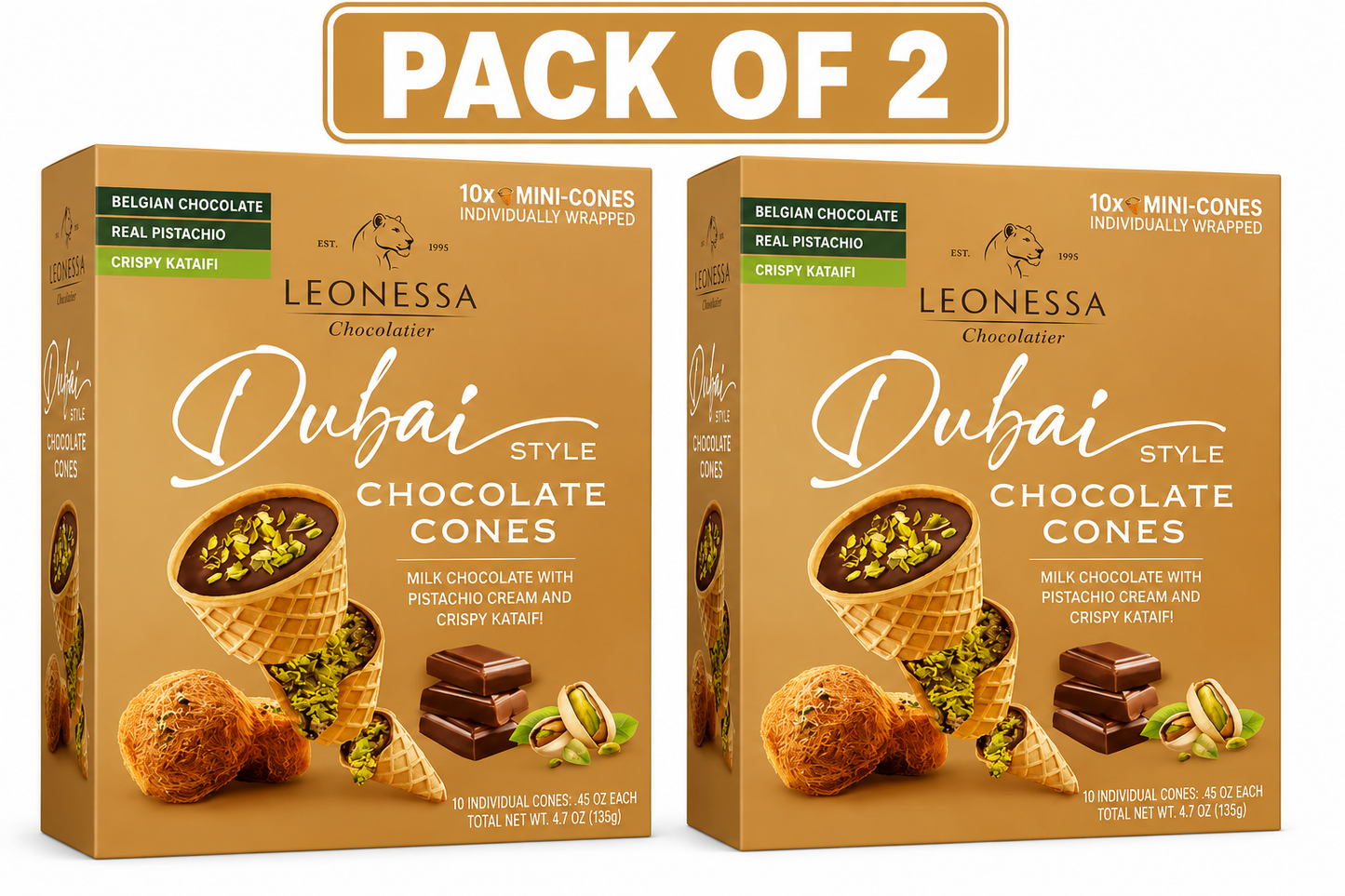 Leonessa Chocolatier Dubai Chocolate Cones, Milk Chocolate with Crispy Kataifi & Pistachio Kunafa Cream, Made with Belgian Chocolate, 4.7 oz Gable Box, 10 Count ( pack of 2)