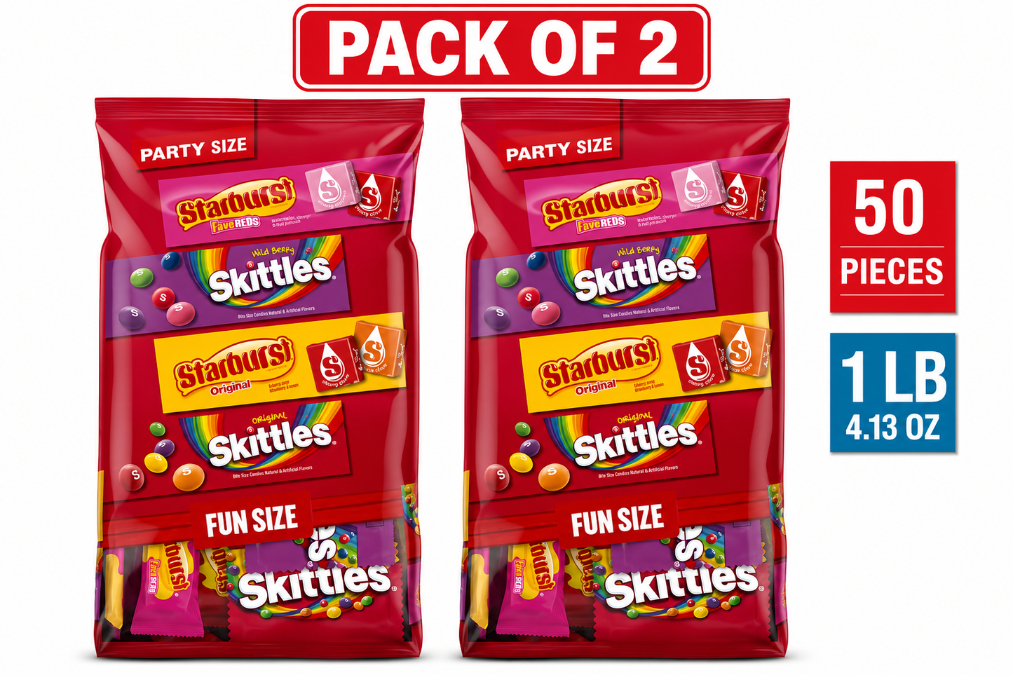 (pack of 2)Skittles & Starburst Fun Size Chewy Candy Variety Bag, Party Size - 20.13 oz Bulk Bag